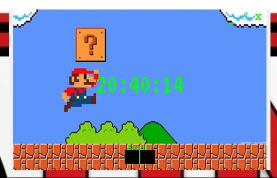The Hyperfocus Mario Clock: Mario running in a classic 1985 world with a countdown timer
