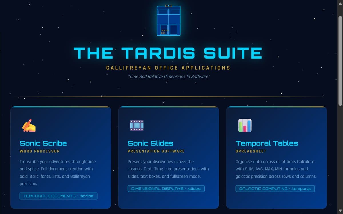 Real screenshot of a finished themed office suite we built, showing the word processor, presentation and spreadsheet apps