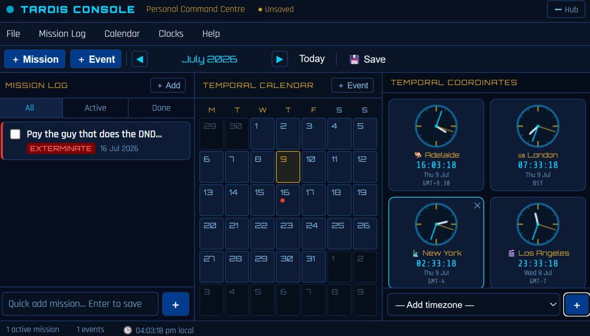 Real screenshot of the same suite's main console, showing the calendar and task manager