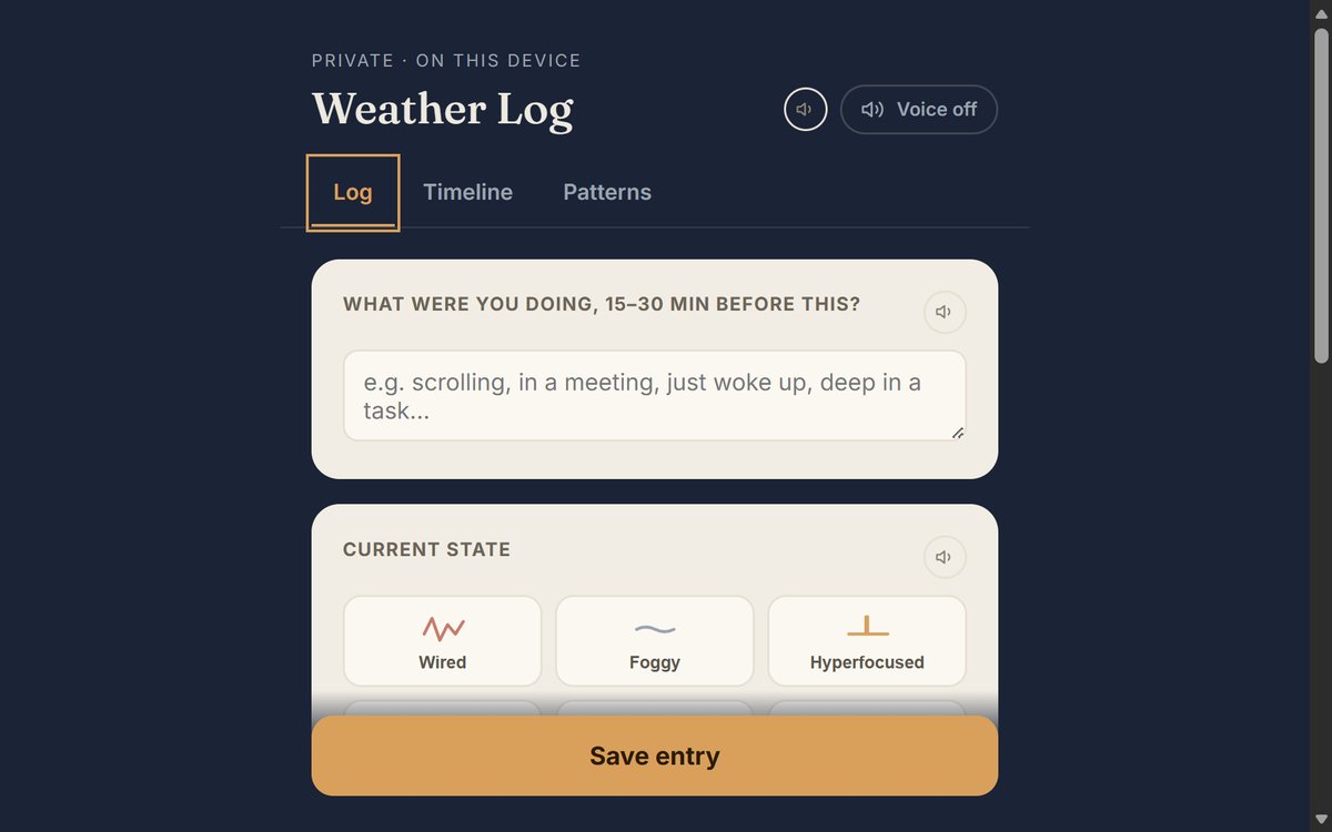 Weather Log, our private pattern tracker, on screen.
